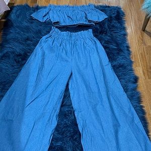Brand new denim set (high waisted pants/off the shoulder top)